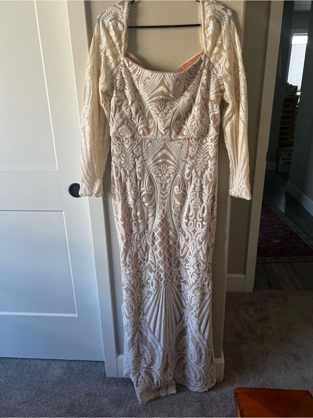 Elegant Ivory Damask Sequin Gown